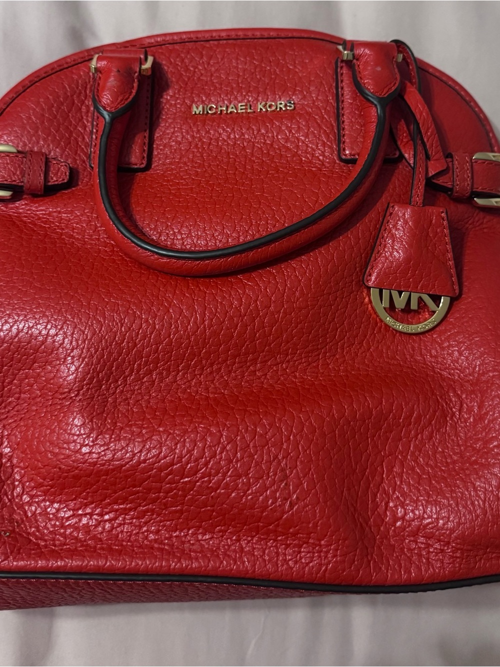 Michael Kors Red Pebbled Leather Dome Satchel with Gold-Tone Hardware